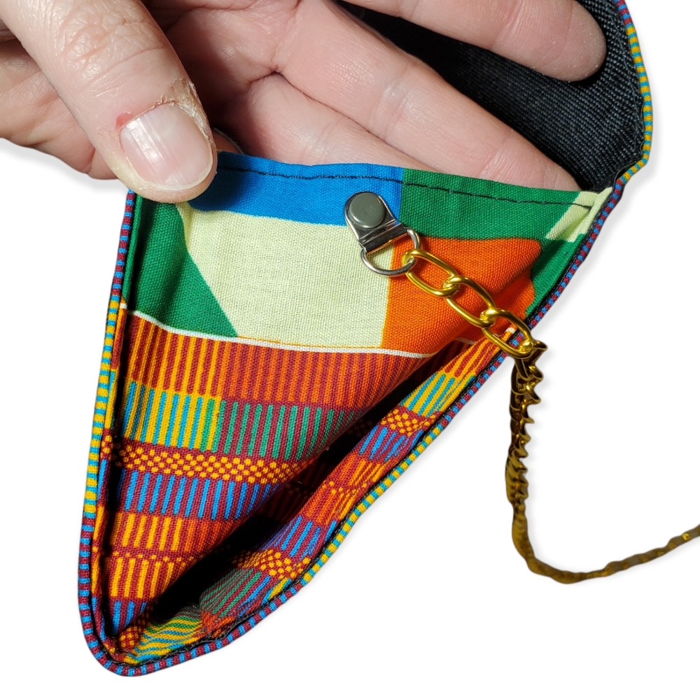 African Tribal Multicolored Fabric Clutch Purse with Chain and Bow - Picture 6 of 6
